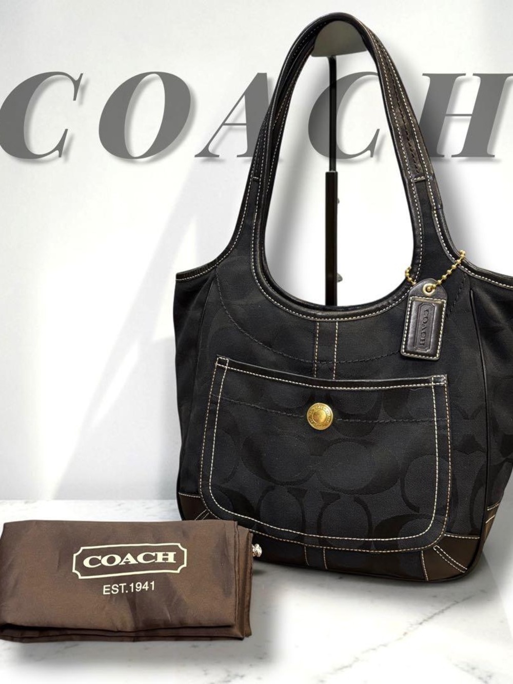 COACH Black Signature Canvas Shoulder Bag with Gold-Tone Accent from Japan
